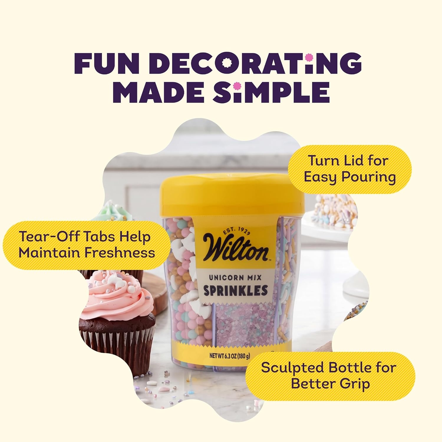 image:imageWilton 6Cell Unicorn Sprinkles Mix with Turning Lid  Edible Unicorn Theme Sprinkle Assortment for Cakes Cookies Cupcakes amp Dessert Decorations  63 oz Pack of 4