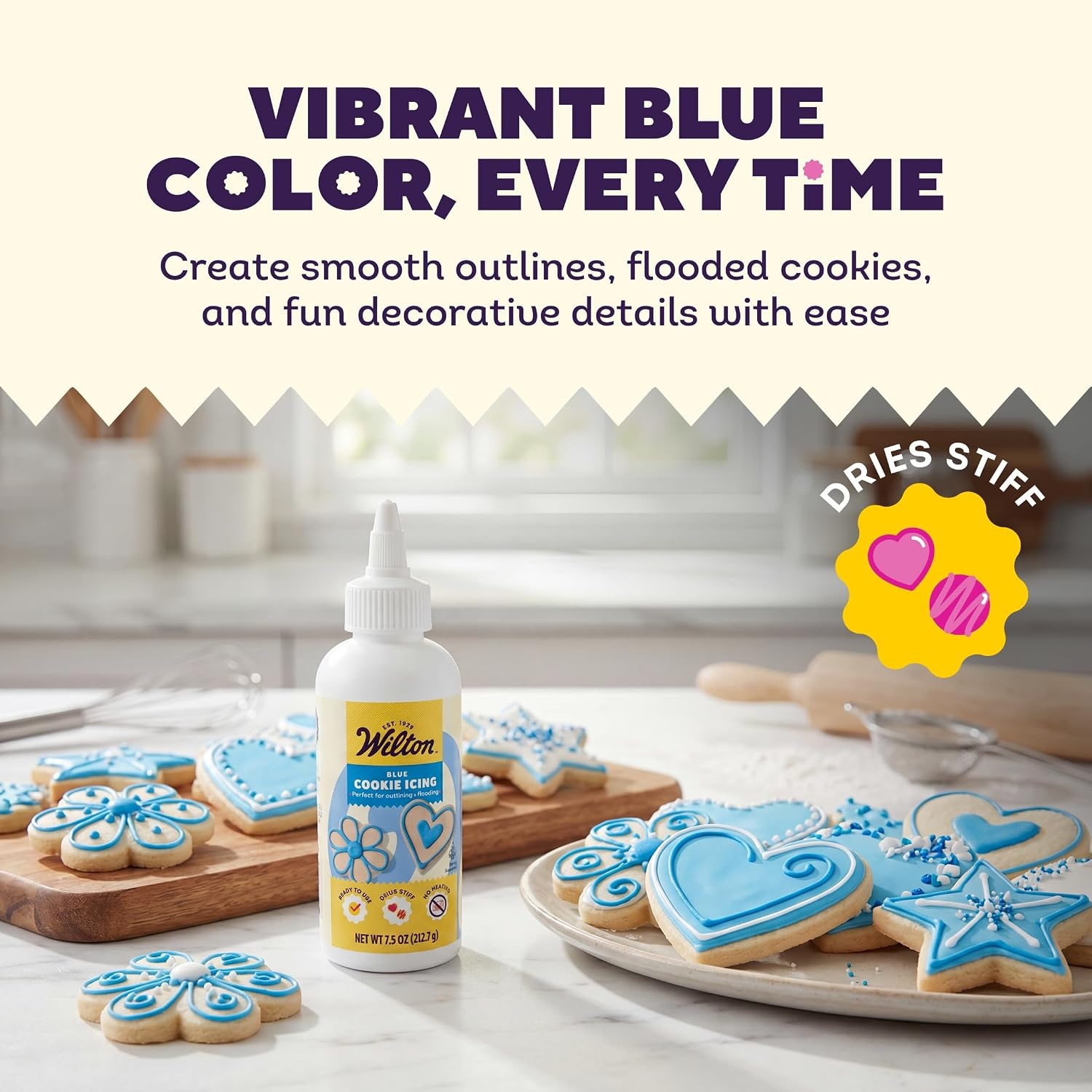 image:imageWilton Blue Cookie Icing  ReadytoUse PreColored Cookie Icing with Adjustable Flow Tip amp Twist Cap  Dries Hard for Easier Stacking  75 oz Pack of 6Blue