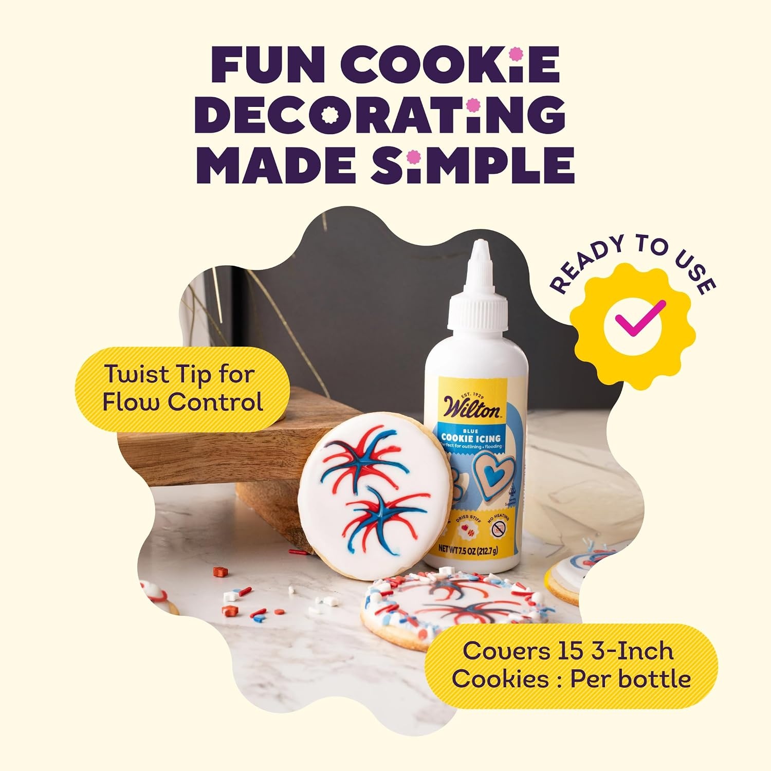 image:imageWilton Blue Cookie Icing  ReadytoUse PreColored Cookie Icing with Adjustable Flow Tip amp Twist Cap  Dries Hard for Easier Stacking  75 oz Pack of 6Blue